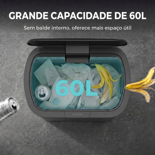 Caixote do Lixo 60 L em Aço Inoxidável, Estreito, com Suporte para Sacos, Tampa de Fecho Suave e Abertura por Toque, Prateado