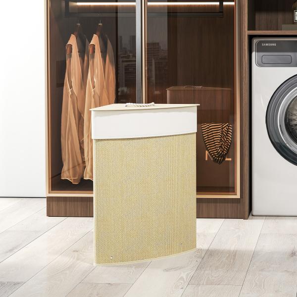 Cesto para Roupa Suja de Bambu de 55L com Tampa e Asa Saco Extraível e Lavável para Casa de Banho Quarto, 35x35x60 cm Creme