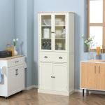 Armário de Cozinha com 2 Portas de Vidro 1 Gaveta e Prateleira Ajustável Móvel Auxiliar de Cozinha 76x40x182,5cm Creme