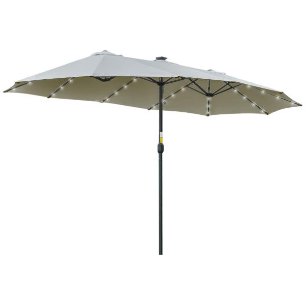 Chapéu de Sol Duplo de Jardim com 48 Luzes LED Solar 450x265x240cm com Manivela Proteção Solar para Terraço Cinza Claro