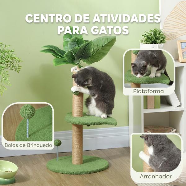 Árvore Arranhadora para Gatos 83 cm com Folhas Artificiais, Poste em Juta, Plataformas em Pelúcia e 2 Brinquedos, Verde