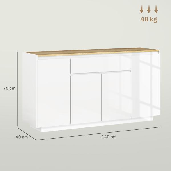 Aparador de Sala de Estar com 4 Portas Gaveta e Prateleiras Ajustáveis 140x40x75 cm Madeira e Branco Brilhante