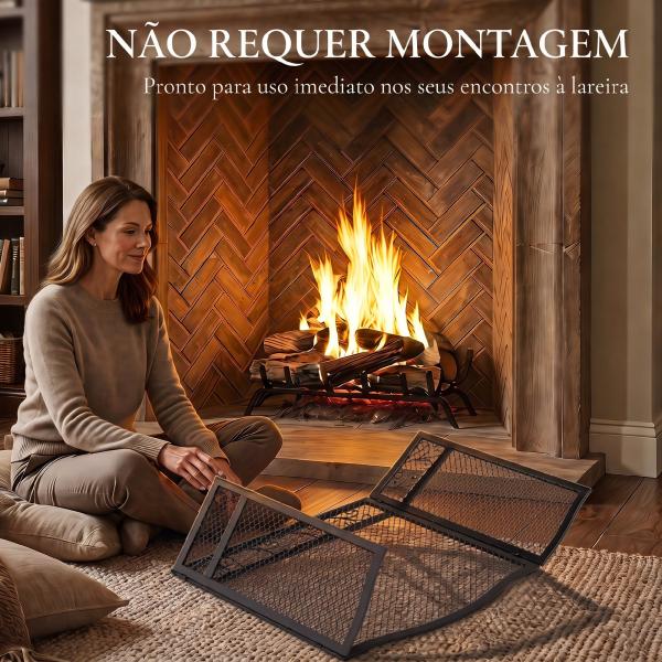 Resguardo Anti - Faíscas para Lareira Dobrável de 3 Painéis em Metal com Design Floral para Casa 107x60 cm Preto