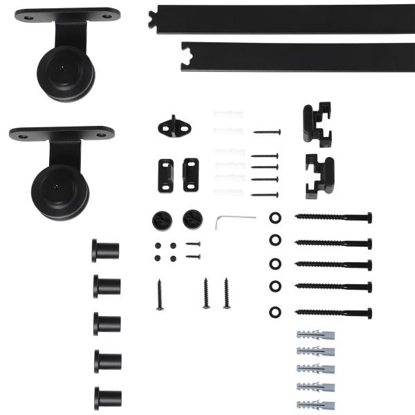 Ferragem para Porta de Correr Kit de Acessórios para Porta Corredeira com 2 Trilhos de Aço de Carbono 200x40x0,6cm Preto