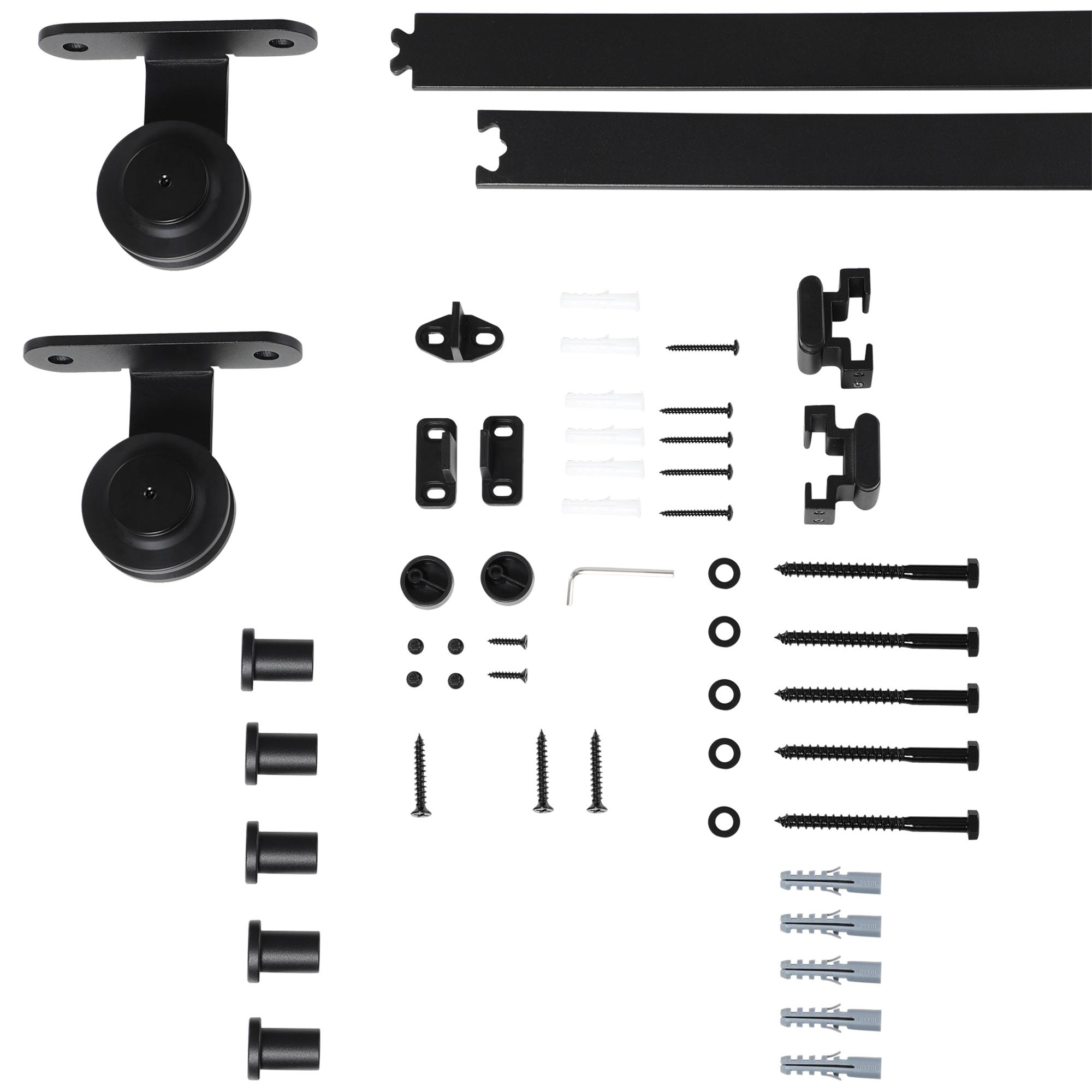 Ferragem para Porta de Correr Kit de Acessórios para Porta Corredeira com 2 Trilhos de Aço de Carbono 200x40x0,6cm Preto
