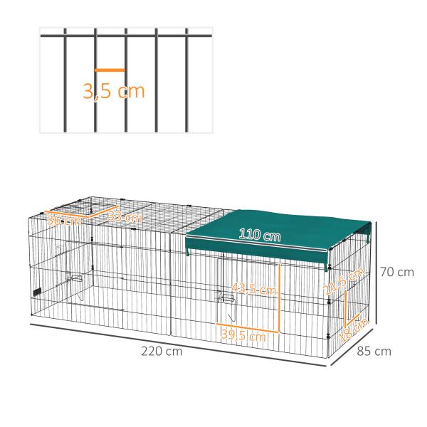 Gaiola para Animais Pequenos Gaiola para Roedores de Aço com Porta e Toldo para Coelhos Chinchilas Galinhas 220x85x70 cm Verde