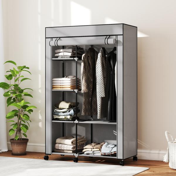 Roupeiro de Tecido Dobrável com 6 Prateleiras 1 Barra de Pendurar e Rodas para Dormitório Vestidor 103x43x162,5 cm Cinza