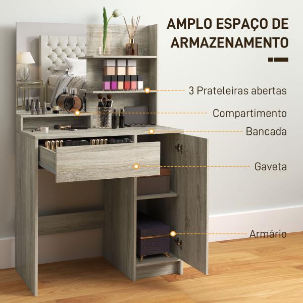 Toucador de Maquilhagem com Banco Mesa de Maquilhagem com Espelho Prateleiras e Gaveta 80x40x132 cm Madeira e Bege