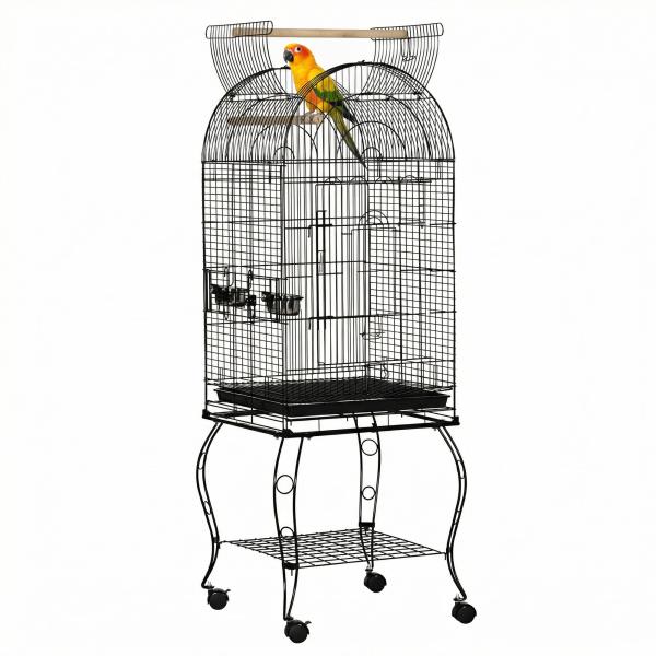 Gaiola para Pássaros com Suporte e Rodas Bandeja Amovível e 2 Tigelas 51x51x153 cm Preto