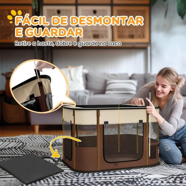 Parque Dobrável Portátil para Cães e Gatos, Cachorros, Coelhos e Porquinhos - da - Índia, Tecido Oxford, 84x64x53 cm, Castanho