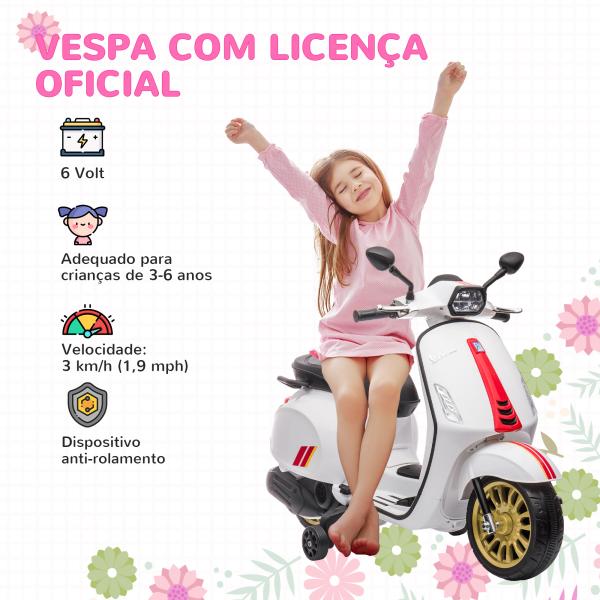 Moto Elétrica para Crianças de 3 - 6 Anos com Licença Vespa com USB MP3 Luz LED Rádio FM Velocidade 3 km/h Carga 35 kg Branco