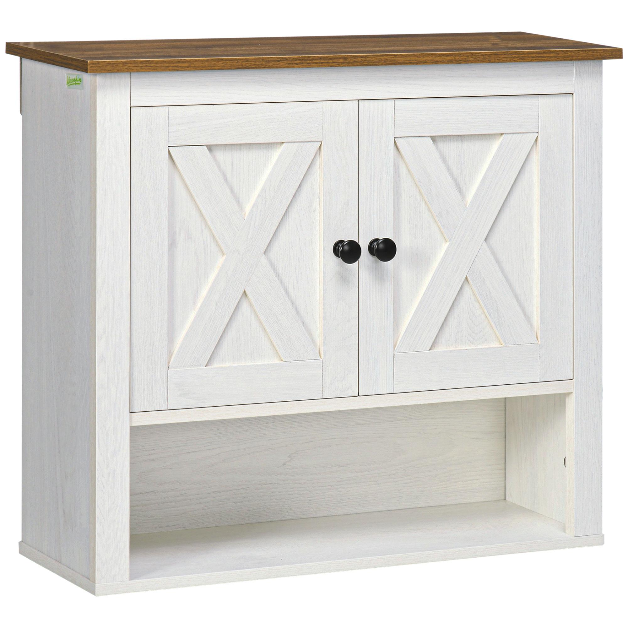 Armário Casa de Banho de Parede com 2 Portas e Prateleiras de Armazenamento 60x19,5x52,5 cm Branco e Madeira