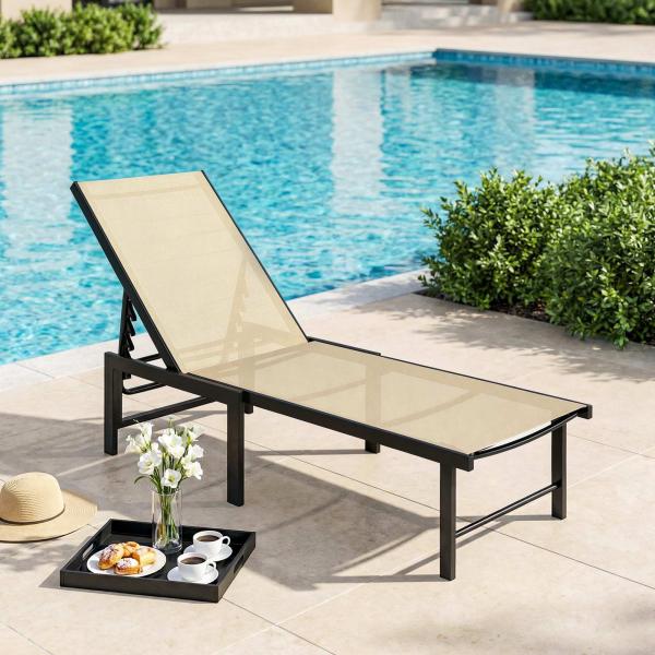 Espreguiçadeira Reclinável de Jardim Exterior com Encosto Ajustável em 4 Posições e Estrutura de Aço, 166x60x84 cm, Caqui