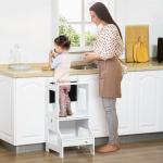Torre de Aprendizagem para Crianças 3 - 6 Anos de Madeira Torre de Aprendizagem Infantil Convertível em Secretária com Ardósia e Barra de Segurança para Casa de Banho Cozinha 42x44x86cm Branco