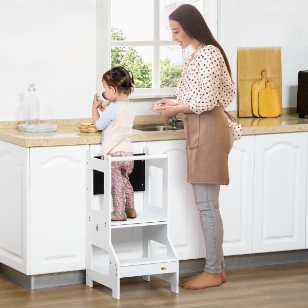 Torre de Aprendizagem para Crianças 3 - 6 Anos de Madeira Torre de Aprendizagem Infantil Convertível em Secretária com Ardósia e Barra de Segurança para Casa de Banho Cozinha 42x44x86cm Branco
