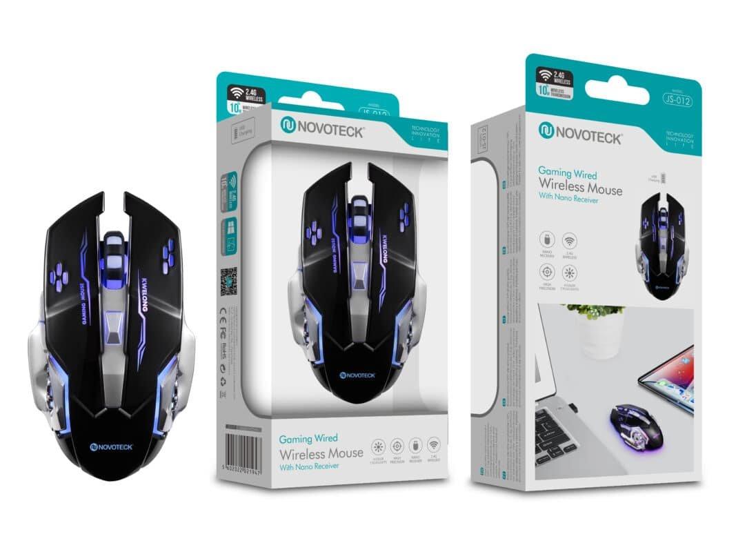 Rato Gamer Sem Fio NOVOTECK JS-012 - Ergonômico com LED Azul, Botões Programáveis, Alta Precisão DPI, Nano Receptor