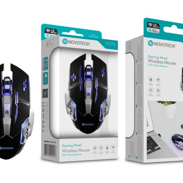Rato Gamer Sem Fio NOVOTECK JS - 012 - Ergonômico com LED Azul, Botões Programáveis, Alta Precisão DPI, Nano Receptor
