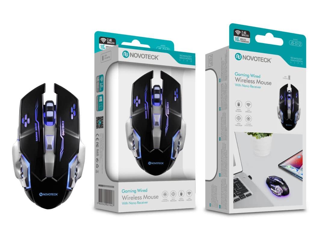 Rato Gamer Sem Fio NOVOTECK JS - 012 - Ergonômico com LED Azul, Botões Programáveis, Alta Precisão DPI, Nano Receptor