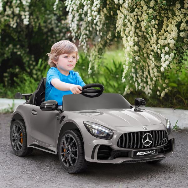 Carro Elétrico para Crianças Carro Mercedes - Benz AMG GTR com Bateria 12V Faróis Buzina e Música 108x67x46 cm Prata