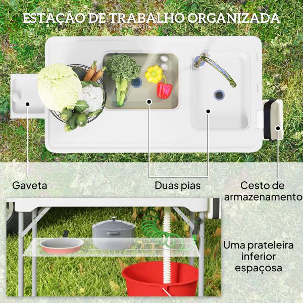 Mesa para Campismo Dobrável Mesa com 2 Lavatórios Mangueira de Drenagem Estação de Limpeza 108x58x92 cm Branco