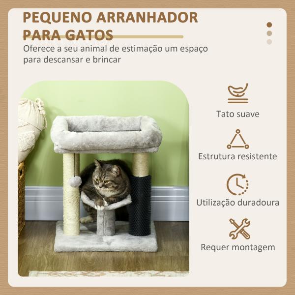 Arranhador para Gatos com 2 Postes de Arranhar Cama Plataforma em U e Escova Bola Suspensa 40x40x48 cm Cinza