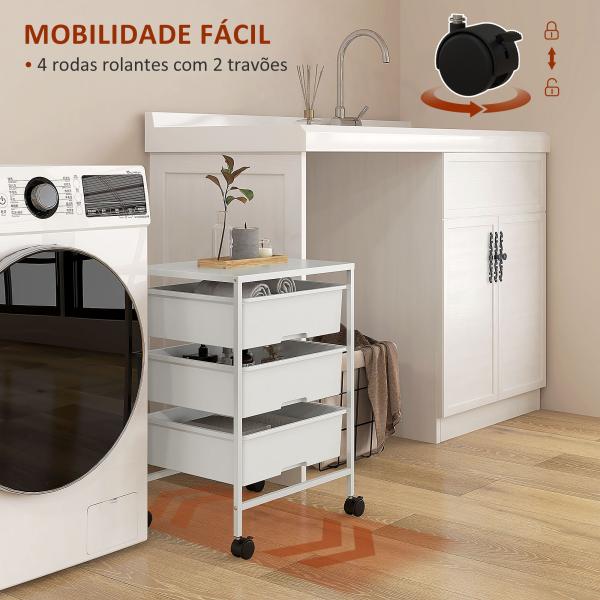 Carrinho Auxiliar com Rodas Carrinho de Cozinha de 3 Níveis com 3 Cestos e Estrutura de Aço 40,8x33,5x60,5 cm Branco