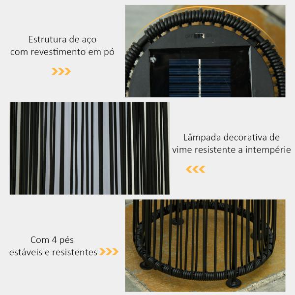 Candeeiro Solar de Vime de Energia Solar com LED 1,5 W Interruptor de Controle Automático de Luz Ø21,5x61cm Preto
