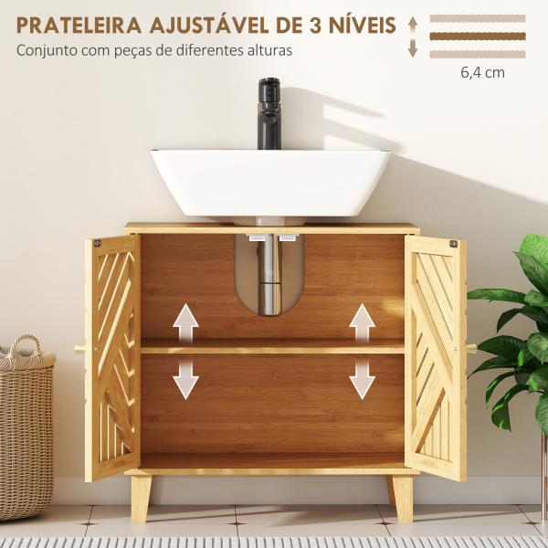 Móvel para Lavatório Pousar em Bambu com Portas Ripadas Armário de Casa de Banho para Lavatório sem Pedestal 60x30x60 cm Madeira