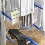Estendal para Roupa Dobrável 80x55x152cm com 6 Rodas e 3 Prateleiras com Altura Ajustável de Aço Inoxidável Prata e Azul