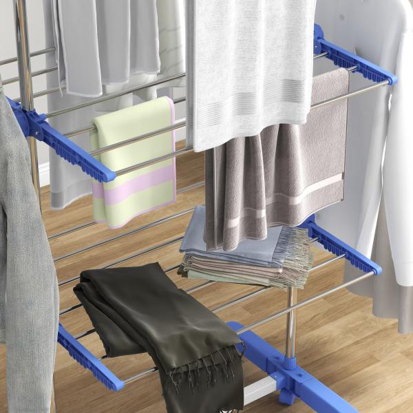 Estendal para Roupa Dobrável 80x55x152cm com 6 Rodas e 3 Prateleiras com Altura Ajustável de Aço Inoxidável Prata e Azul