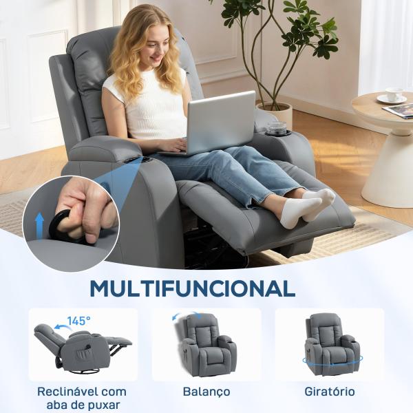 Poltrona de Massagem Giratória Poltrona Relax Reclinável com 8 Pontos de Massagem Função de Aquecimento 82x99x103 cm Cinzento