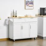 Carrinho de Cozinha com Rodas 2 Gavetas 3 Portas Prateleiras Ajustáveis e Barra para Sala de Jantar 121x46x91 cm Branco