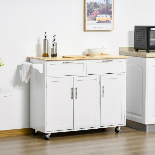 Carrinho de Cozinha com Rodas 2 Gavetas 3 Portas Prateleiras Ajustáveis e Barra para Sala de Jantar 121x46x91 cm Branco