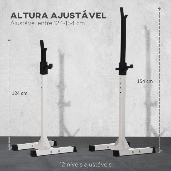 Suporte para Barra de Pesos Ajustável Estante de Aço para Levantamento de Pesos Carga Máx. 150kg Treinamento em Academia Casa 52x48x105 - 160cm Branco e Preto