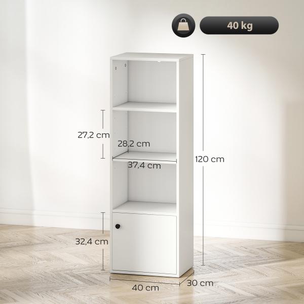 Estante de 4 Níveis Estante para Livros com Prateleiras Ajustáveis e Armário Estante Moderna 40x30x120 cm Branco