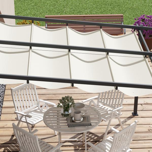 Pérgola de Parede 3x3 m Pérgola de Jardim com Teto Retrátil de Poliéster e Estrutura de Aço Creme e Cinza Escuro