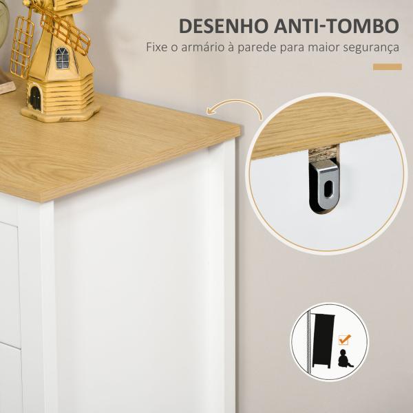 Aparador para Sala de Estar com 2 Portas de Vidro 3 Gavetas e Prateleira Ajustável para Cozinha Sala de Jantar 120x40x70 cm Branco e Madeira
