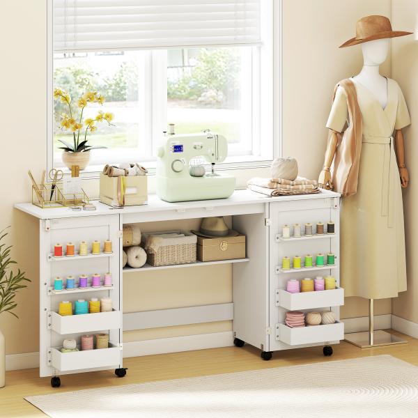 Mesa de Costura Dobrável com 6 Rodas Móvel para Máquina de Costura com 20 Pinos para Fios 4 Compartimentos 160x40x81,5 cm Branco