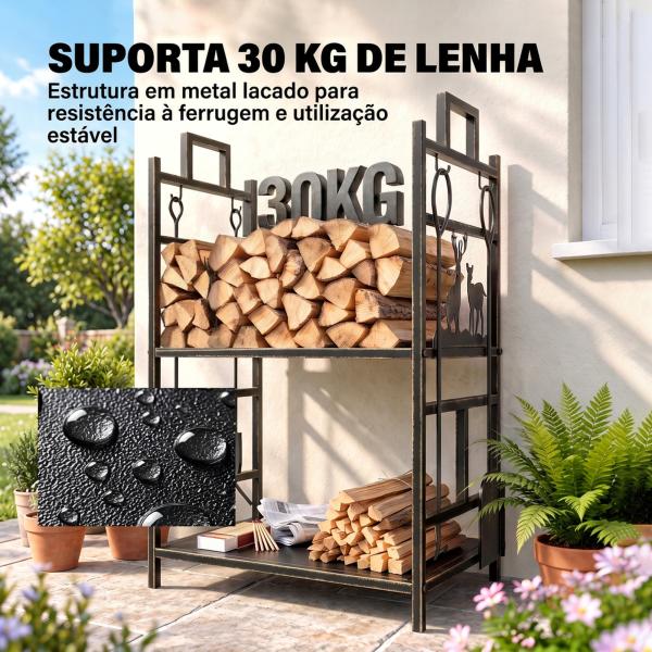 Suporte para Lenha de Ferro Forjado de 2 Níveis com 4 Ferramentas para Interior e Exterior 51,5x33x77 cm Preto e Dourado