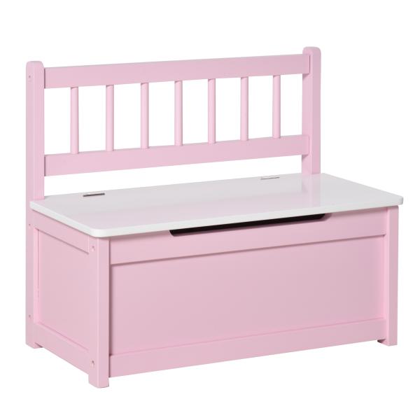 Baú de Brinquedos Banco de Armazenamento Infantil de Madeira de Pinho com Tampa de Amortecimento e Encosto Alto 60x30x50 cm Rosa