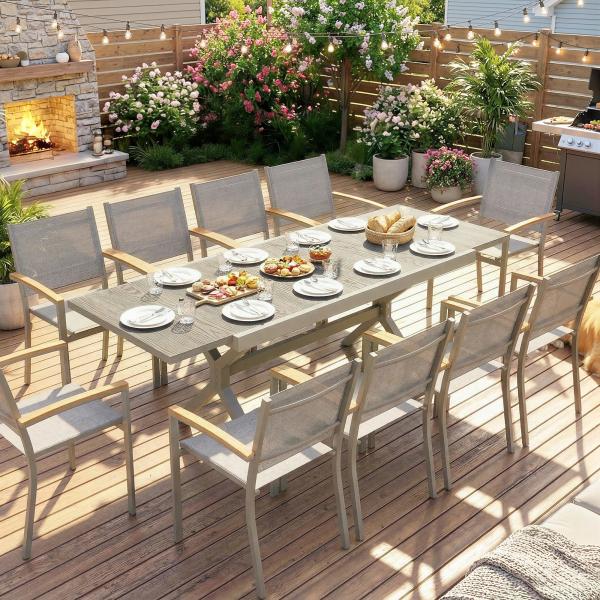 Mesa de Jardim Extensível com Superfície em Alumínio 154/214x85 cm com Efeito Madeira para 8 - 10 Pessoas Cinza Claro