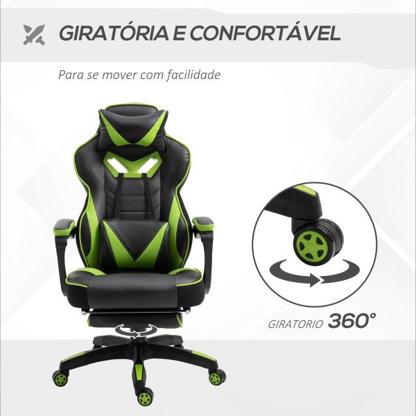 Cadeira de escritorio gaming ergonômica Altura Ajustável reclinável com apoio para pés Verde e Preto