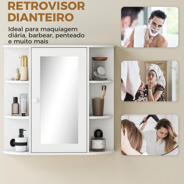 Armário de Casa de Banho com Espelho, Armário de Parede com Porta, Prateleiras Abertas, Móvel Suspenso para Cozinha, Sala, 66x17x63 cm, Branco