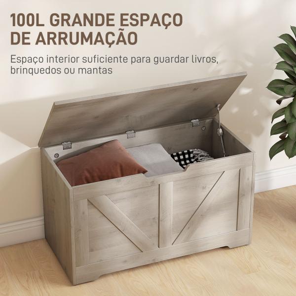 Baú de Armazenamento 100L Baú de Arrumação com Tampa e Dobradiça de Segurança 80x40x45 cm Cinzento Claro