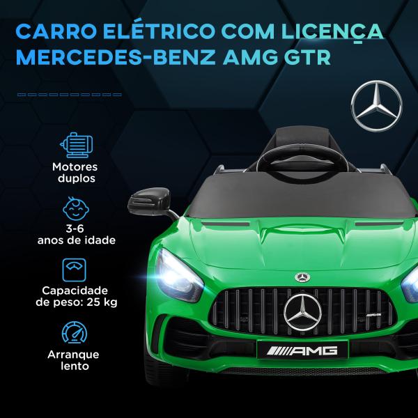 Carro Elétrico para Crianças Carro Mercedes - Benz AMG GTR com Bateria 12V Faróis Buzina e Música 108x67x46 cm Verde