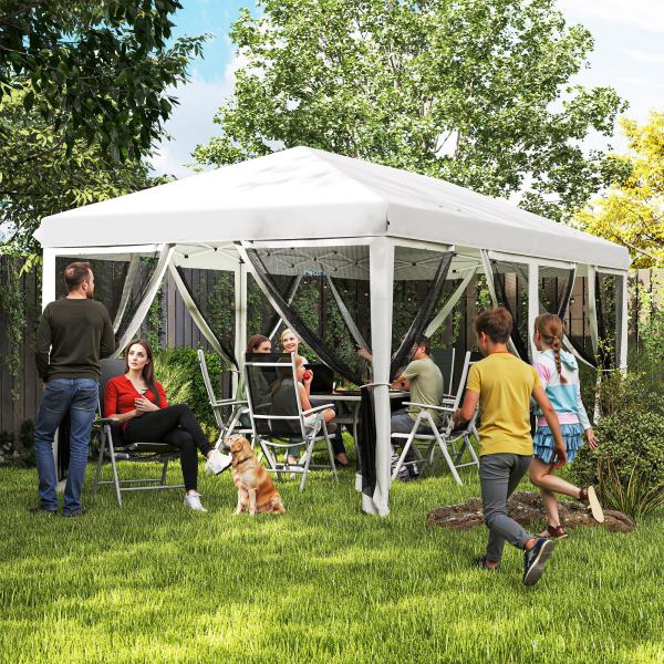 Tenda Dobrável 585x295x270 cm Tenda de Jardim com 6 Mosquiteiros Bolsa de Transporte e Estrutura de Aço Cinza