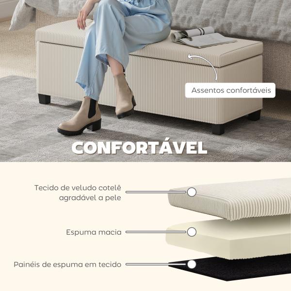 Banco de Arrumação Capacidade de 84 L Estofado em Veludo Banco Pé de Cama para Dormitório 112x42x40 cm Bege