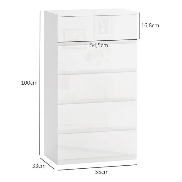 Cómoda com 5 Gavetas de Madeira Cómoda de Dormitório Cómoda Branca Estilo Moderno 55x33x80 cm Branco Brilhante