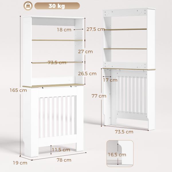 Cobre - radiador com Design Ripado, Estante de 3 Níveis, 78x19x165 cm, Branco e Carvalho