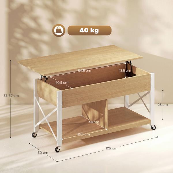 Mesa de Centro Elevatória com Rodas Compartimento Oculto e Prateleiras Abertas 105x50x67 cm Madeira e Branco